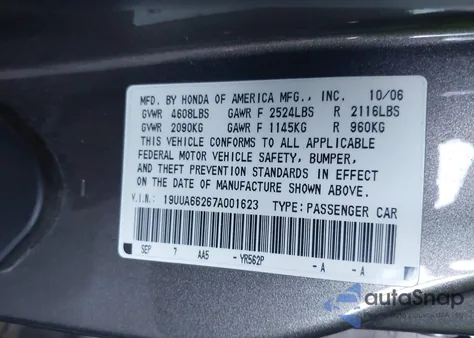 2007 Acura Tl 3.2 из США, поврежденный, VIN 19UUA66267A001623